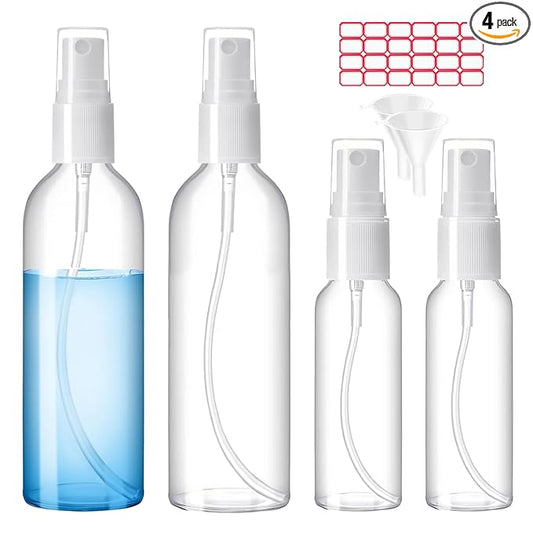 Zoizocp Spray Bottles, 2oz/50ml, 3.4oz/100ml Clear Empty Fine Mist Plastic Mini Travel Bottle Set, Small Refillable Liquid Containers with 2pcs Funnels and 24pcs Labels (4 Pack)