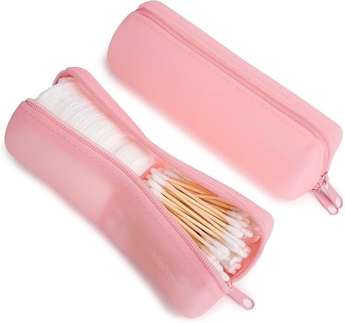 Cotton Round Swab Travel Case, 2 in 1 Portable Hair Accessories Organizer, Hair Tie and Bobby Pin Holder, Travel Qtips Case, Purse Organization, Floss Holder (Pink)