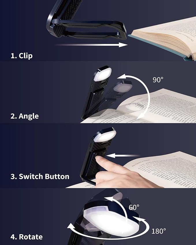 HEMONNKAM Book Reading Light, Rechargeable Clip on Booklight, Eye Caring 3 Color Temperatures & 5 Brightness Levels, Night Use for Bed, Long Lasting, Reading at Night in Bed, Deep Blue