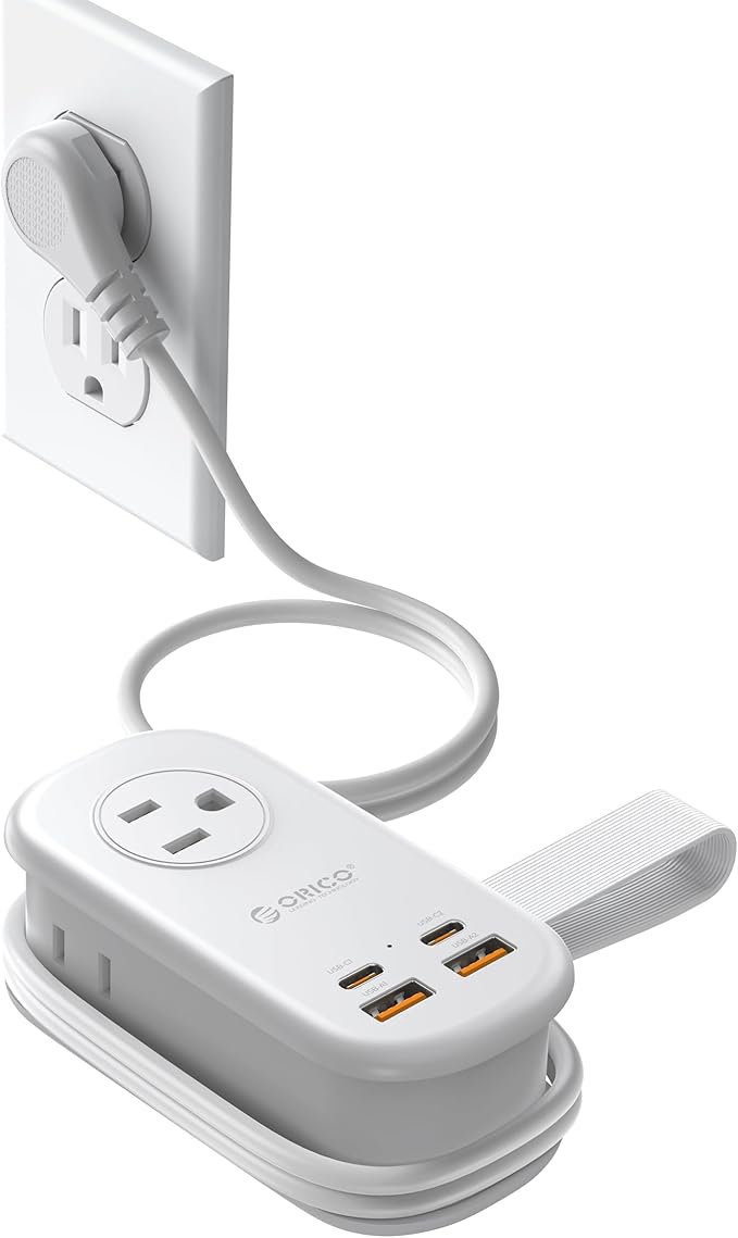ORICO 65W GaN Travel Power Strip with 7-in-1 Charging Ports (3 AC Outlets/2 USB-A/2 USB-C), Flat Plug and 4FT Extension Cord, Fast Charger for MacBook Pro/Air, iPad Pro, iPhone 17/16/15- AP3