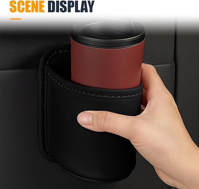 YoRise Leather Car Cup Holder, Scratch-Resistant Clip-On Auto Door Beverage Holders, Universal Hanging Vehicle Back Seat Drink Pocket Organizer for Soda Cans, Water Bottles, Coffee (Black)