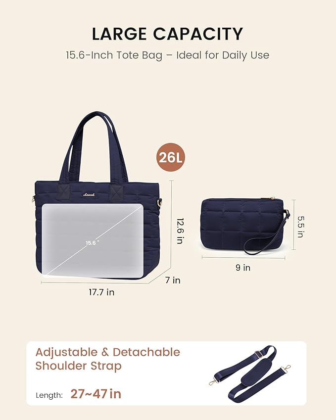 LOVEVOOK Laptop Tote Bag for Women, 15.6 Inch Large Puffer Work Computer Tote Bags for Teacher Nurse, Quilted Women's Purse Tote Shoulder Handbags with Zipper for Travel College Office, Light Purple