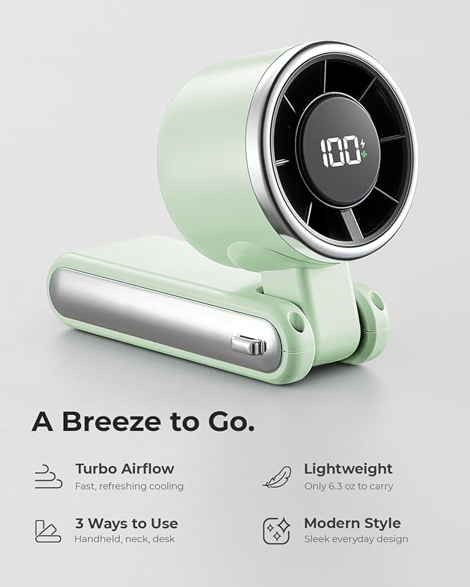 Portable Handheld Turbo Fan - 5 Gear High Speed 4000mAh Rechargeable Mini Personal Hand Fan Blow Cold Air, Battery Operated Travel Essentials, Beach Vacation, Gifts for Women, Men (Green)