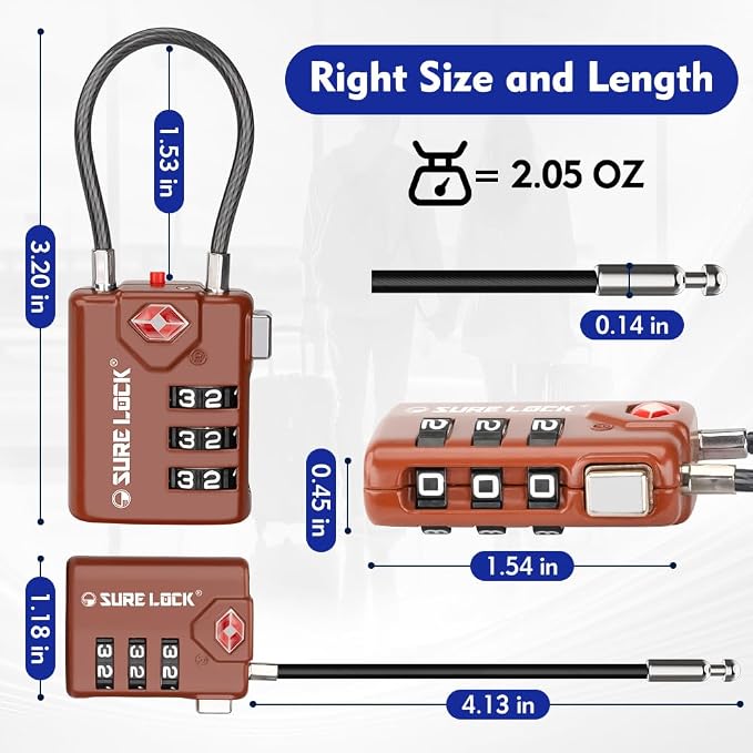 SURE LOCK TSA Approved Luggage Locks with Open Alert Indicator, 3 Digit Combination Cable Travel Lock for Suitcase, Backpack, Gym Locker, Toolbox & Travel Bag