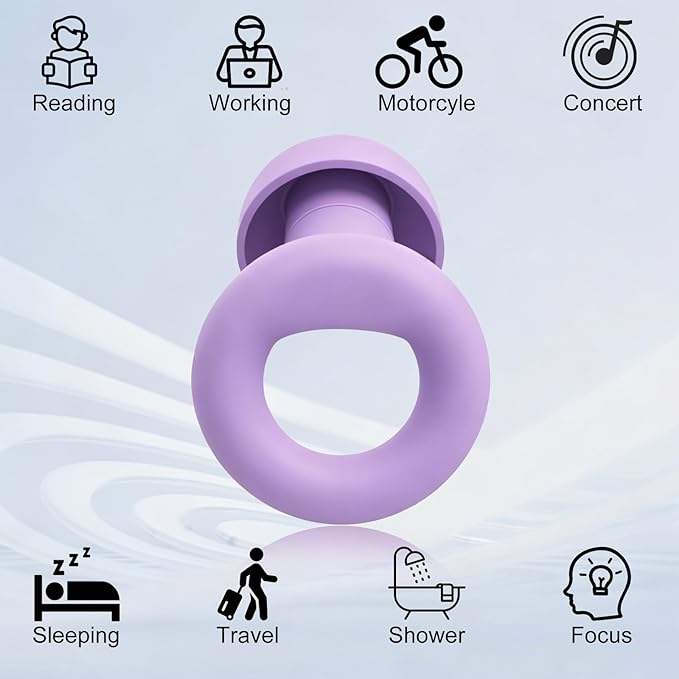Ear Plugs for Noise Reduction–Super Soft, Reusable Hearing Protection in Flexible Silicone for Sleep, Noise Sensitivity & Flights-8 Ear Tips in XS/S/M/L–27dB Noise Cancelling–Purple