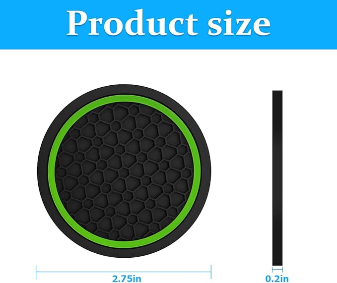 Mandark 4PCS Car Cup Holder Coasters, 2.75 Inch Non-Slip Insert Water Bottle Holder Pads, Dustproof Automotive Interior Accessories Mat, Universal for Vehicles, Trucks, RVs and More (Black/Green)