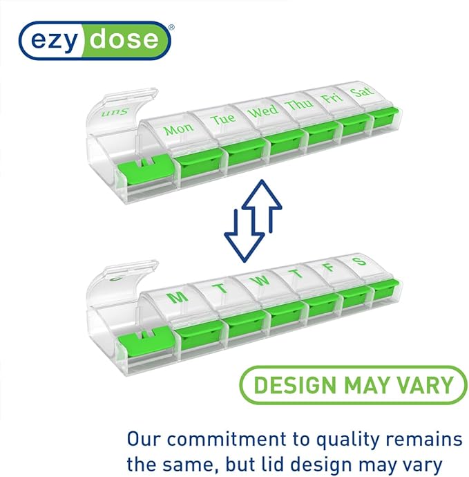 EZY DOSE Weekly (7-Day) AM/PM Daily Pill Organizer, Vitamin Case, and Medicine Container, X-Large Compartments, Arthritis Friendly, Convenient with Effortless Portability, Clear/Green Lids, BPA Free