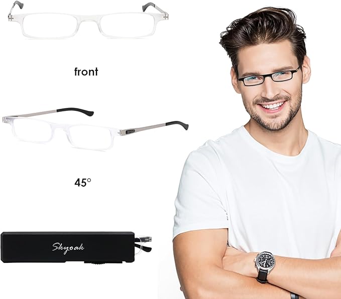 SKYOAK Ultra thin Lightweight Folding Reading Glasses Women Men TR90 Blue Light Blocking Anti UV/Eyestrain Foldable Compact Computer Readers Portable Unique Stretchable Slim Flat case Clear +100