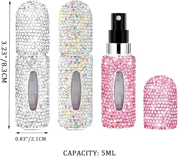 Perfume Spray Bottle 5ML 2PCS White&Pink Bling Rhinestone Empty Portable Travel Fine Mist Refillable Mini Spray Dispensers for Perfume, Essential Oil