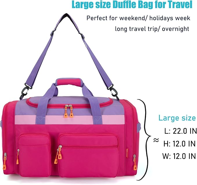 Large Kids Duffle Bag for Travel, Overnight, or Weekender, 22" inch (Rose Purple)