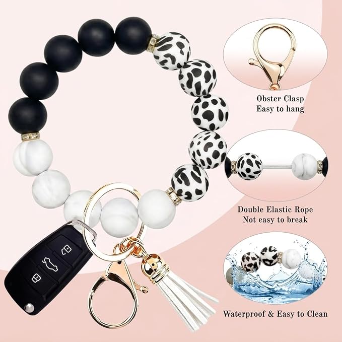 2PCS Bracelet Key Ring Set, Cute Car Key chain Wristlet, Silicone Beaded Bangle keyChains for Women Girls