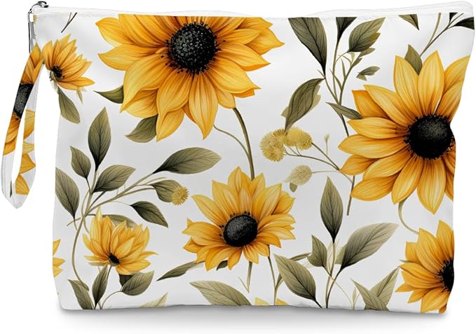 Fokongna Floral Print Wet Bag, Small Portable Waterproof Multi-Functional Organizer for Women, Ideal for Daily, Beach & Travel, Golden Yellow Sunflower Field