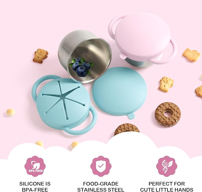 Daximo 2 Pack Snack Cups for Toddlers Spill Proof - Detachable Stainless Steel Toddler Snack Cups with Silicone Lids & Handles - Dishwasher Safe Snack Container(Light blue and Light pink)