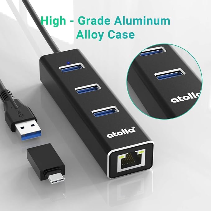 USB 3.0 Hub with Gigabit Ethernet — 3-Port SuperSpeed USB-A Hub + USB-C Adapter, 5Gbps Data Transfer, Plug-&-Play, Aluminum Design — Compatible with MacBook Pro/Air, Dell XPS, Surface, Chromebook