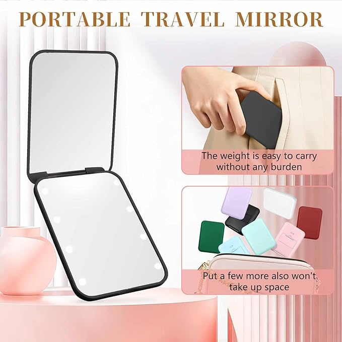 Kakuje Compact Mirror, 1X/3X Magnification LED Pocket Mirror with Nternal BIattery, Mini Mirror for Purse, Pocket,Travel and Present (Black)
