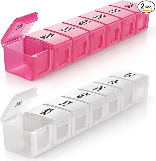BUG HULL Weekly Pill Organizer Large 2 Packs, Extra Large Travel Pill Organizers, Pill Box 7 Day, Travel Pill Case, Medicine Pill Organizer for Vitamins, Supplements and Medications (White+Red)
