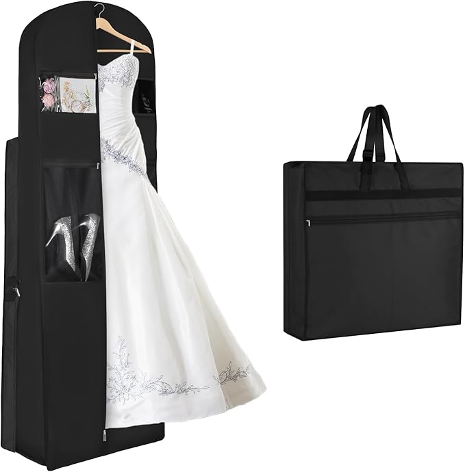 KEEGH Wedding Dress Garment Bag, 72” Tri-fold Bridal Dress Bags for Gowns, With Accessory Pockets and Adjustable Buckle Dress Cover for Wedding/Prom/Travel/Closet Storage (Black)