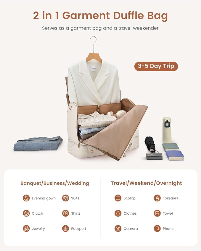 LOVEVOOK Convertible Garment Bag for Travel with Shoe Pouch, Carry On Garment Duffel Bag with Toiletry Bag, 2 in 1 Hanging Suitcase Suit Bag, Weekender Bag for Women Travel, Wedding, Beige