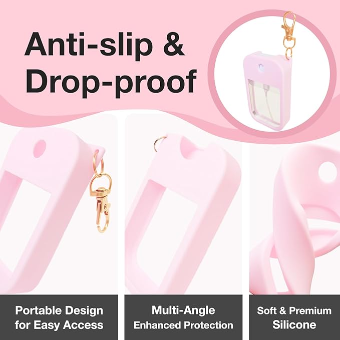 2 PCS Soft Silicone Case for Touchland Power Mist (1FL. OZ./30 mL), Protective and Stylish Case with Keychain Compatible with Touchland Hand Sanitizer Spray (Pink/Black)
