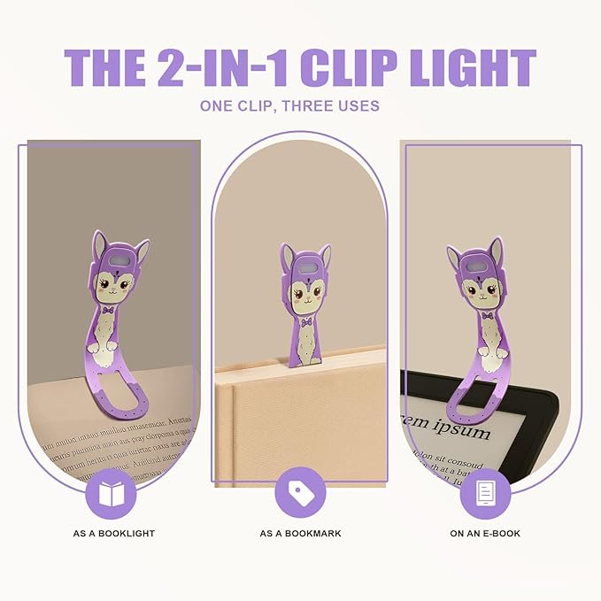 Rechargeable Kids Book Light, Cute Bookmark Reading Light for Kids, Dimmable Portable LED Book Light for Reading in Bed, Eye-Caring Bedtime Reading Lamp for Children & Travel, Purple