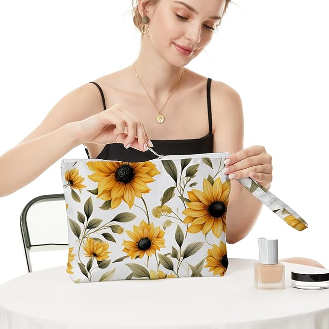 Fokongna Floral Print Wet Bag, Small Portable Waterproof Multi-Functional Organizer for Women, Ideal for Daily, Beach & Travel, Golden Yellow Sunflower Field