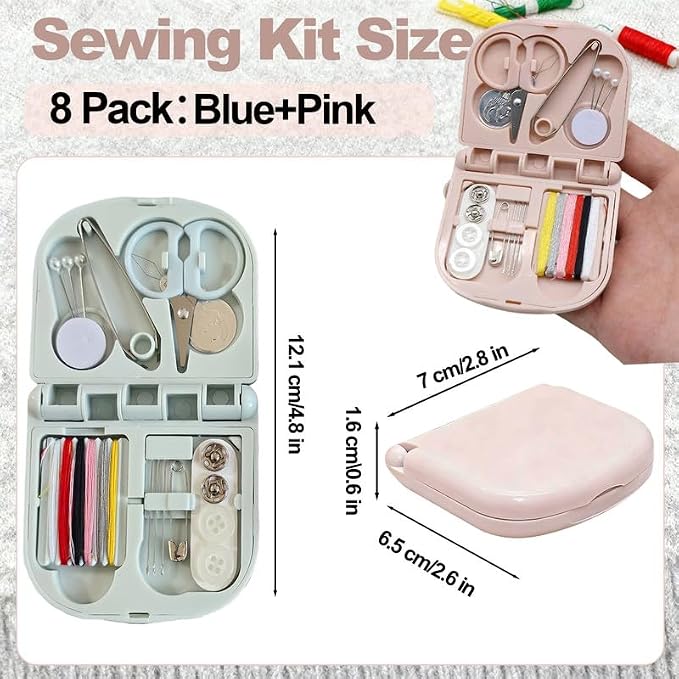 Reroon 8 Pack Mini Travel Sewing Kit for Adult & Kid | Portable Sewing Box Kit Bulk | Small Emergency Repair Set with Thread Scissors Needle for Travel, Beginner DIY Handcraft | Pink + Blue