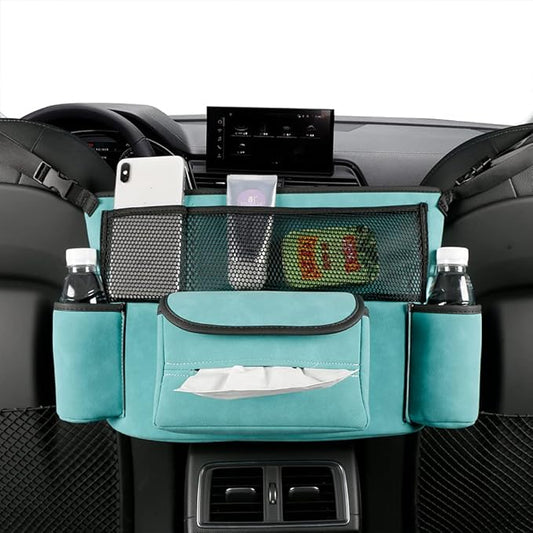 JEYODA Car Handbag Holder Between Seats Suede Large Capacity Car Purse Holder Automotive Consoles & Organizers for Document Phone Storage Car Accessories Interior (1925-style 2 blue)