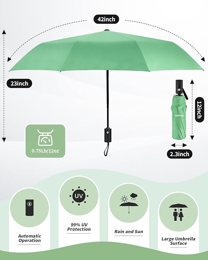 HIPPIH Compact Travel Umbrella for Rain - Windproof Automatic Umbrellas, UV Umbrella for Sun Protection with Black Anti-UV Coating, Portable Small Umbrellas for Backpack, Car, Walking, Kids, Women