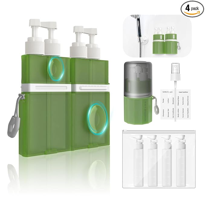 YOTIME 4 in 1 Travel Dispenser Bottle, Vacuum Silicone Suction Cup for Smooth Walls, TSA Approved Leak Proof Travel Size Containers for Toiletries, Shampoo, Body Wash and Conditioner, Green