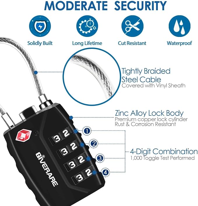 2 Pack TSA Approved Travel Luggage Locks, 4-Digit Metal Cable Combination Suitcase Lock, Alloy Padlocks, Weatherproof Padlock for Locker, Golf Bag, Gun Case, Backpack, Anti Theft-Black