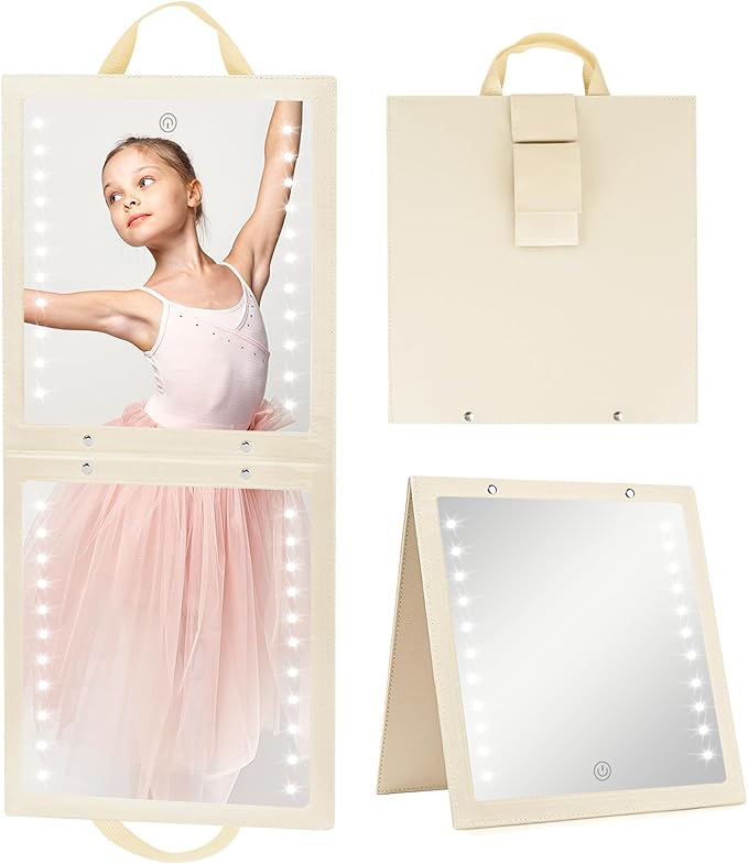 Fabuday Lighted Hanging Mirror for Dance Backstage - Rechargeable Folding LED Full Length Mirror with Lights for Dancers, Portable Foldable Travel Body Mirrors, Brightness Adjustable, Beige