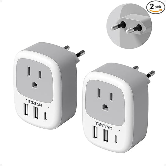 2 Pack European Travel Plug Adapter, TESSAN US to Europe Plug Adapter with 3 USB Ports (1 USB C), Type C Power Outlet for EU International Italy Iceland Spain France Germany
