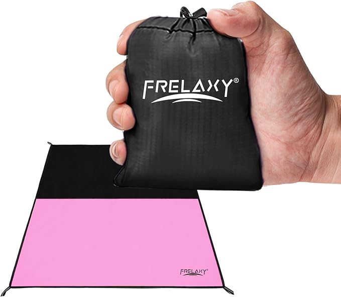 Frelaxy Pocket Picnic Blanket, Waterproof Sandproof Beach Mat, Compact Camping Tarp for Festivals, Hiking, Travel, Outdoor Recreation (Pink & Black, 28'' x 47'')