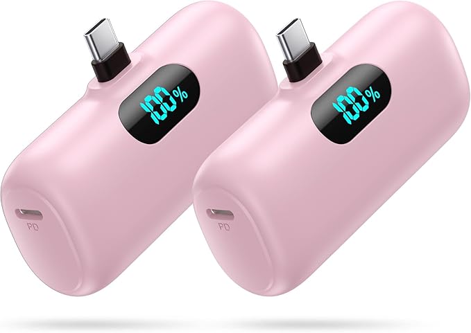 [2-Pack] Mini Portable Charger USB C Power Bank,Upgraded 5000mAh PD Fast Charging Battery Pack Built-in USB-C Connector Travel Essential for iPhone17/17Pro/17Pro Max/Air/16 Plus/16Pro Max/15 Series