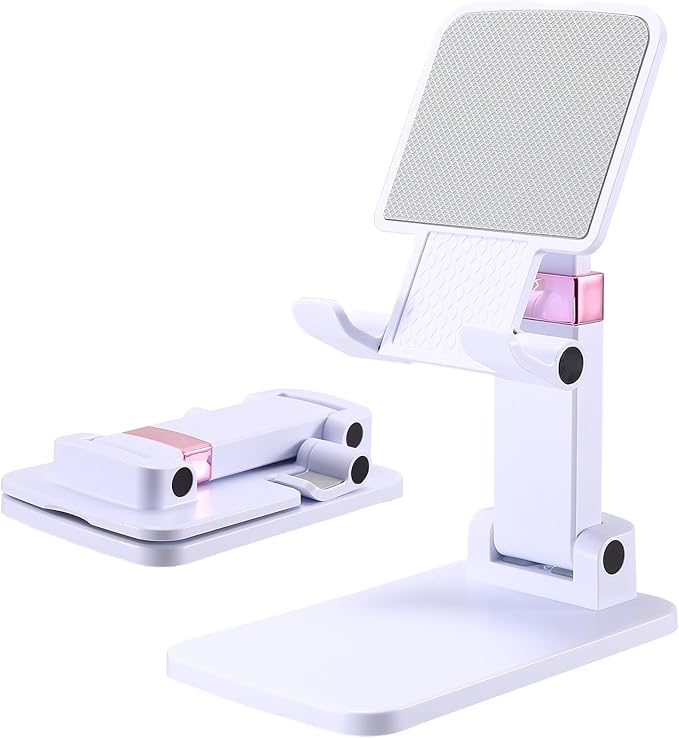 Phone Stand for Desk, Cell Phone Holder Adjustable Office Cellphone Stand for Desk Adjustable Tablet Stands Compact Design for iPhone iPad Android Devices Under 12", White