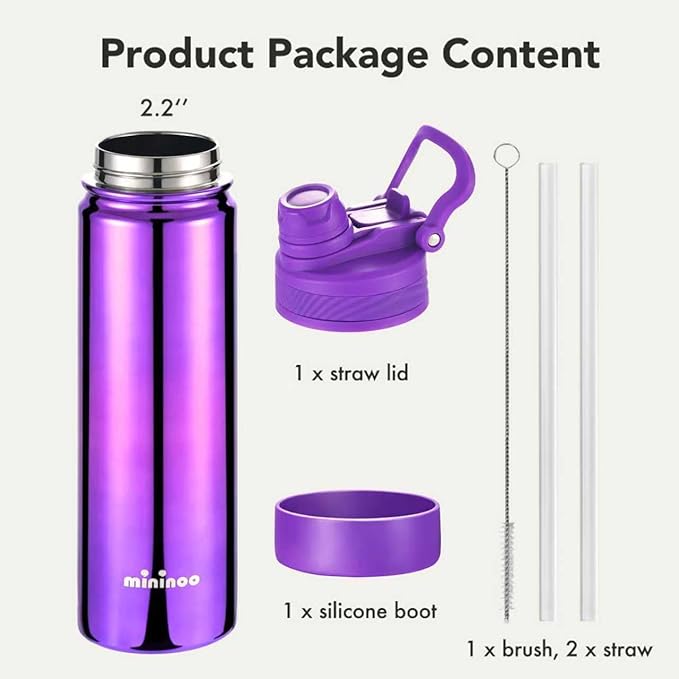 mininoo 24 oz Insulated Water Bottle with 2-in-1 Straw & Spout Lid, BPA-Free & Leak-Proof, Stainless Steel Water Bottle for Sports, Travel, and School, Violet Pulse