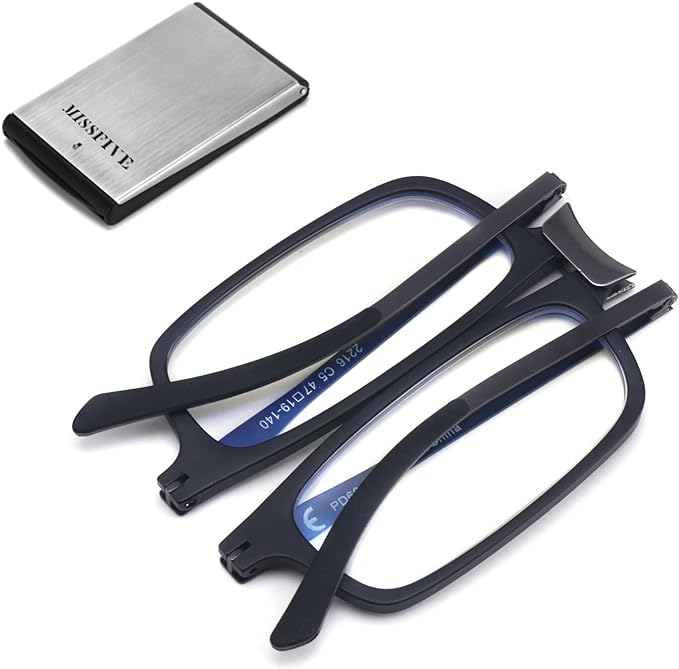 Missfive Premium Folding Reading Glasses Blue Light Blocking for Men Women, Ultra Thin Foldable Portable Travel Readers with Durable Pocket Metal Case, Black Lightweight Compact Eyewear 2.0x