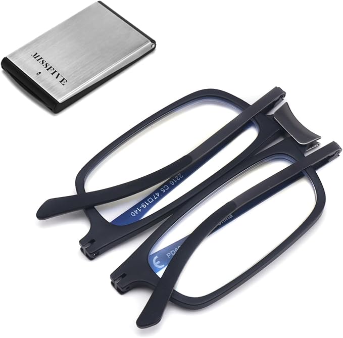 Missfive Premium Folding Reading Glasses Blue Light Blocking for Men Women, Ultra Thin Foldable Portable Travel Readers with Durable Pocket Metal Case, Black Lightweight Compact Eyewear +1.25
