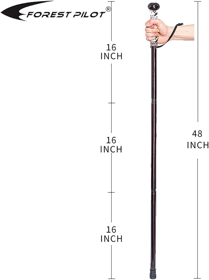 FOREST PILOT 3pc Detachable Hardwood Walking Stick for Hiking with Compass 48 Inches - Soft Hand Strap - Rubber Tip Cover