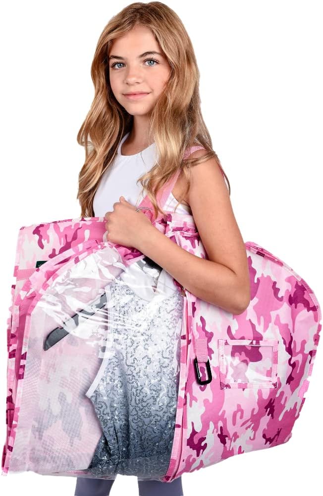 Waterproof Hanging Garment Bag 40 inch Clothes Bag with Gusset, 2 Pack, 5 Pockets & Side Zip for Dance Costumes, Cheer, Skating, Theatre, Beauty Pageants & More by Kendall Country, Camo Pink