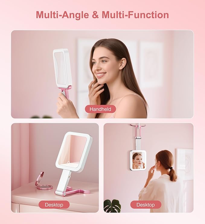 Travel Makeup Mirror with Lights 10X/1X Double-Sided Magnifying LED Beauty Mirror Rechargeable Portable Vanity Mirror with 3 Color Lighting Smart Touch Dimming Desktop Handheld Hanging (Pink)