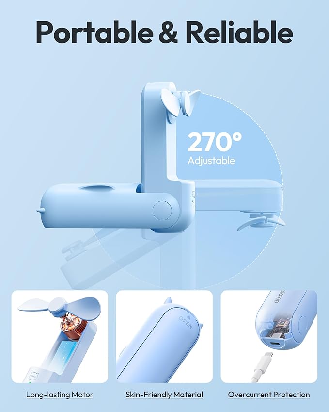 Gaiatop Portable Handheld Fan, 3 in 1 Mini Fan Handheld [17h Max Cooling], Foldable Personal Fans Pocket Design, USB Travel Fans Portable, Lash Trip Summer Essential Cute Gifts for Women Girl, Blue
