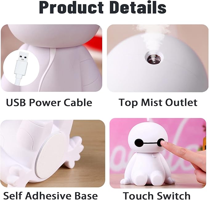 INVODA Small Humidifier Cool Mist Portable Desk USB Personal Mini Humidifiers for Bedroom Office Car Plants, White+6 cotton Sticks