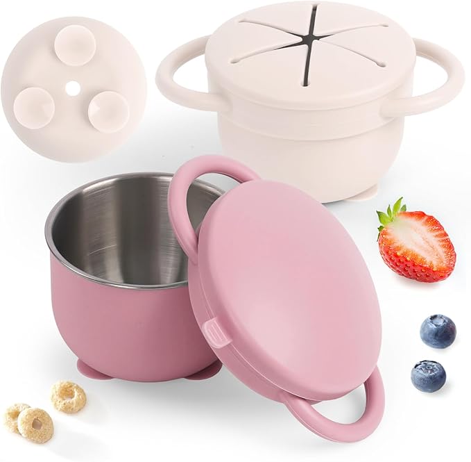 Daximo 2 Pack Toddler Snack Cups with Suction Base — 4-in-1 Detachable Stainless Steel Cups, Snack Cups for Toddlers Spill Proof with Silicone Lids & Handles for Mess-Free Snacking