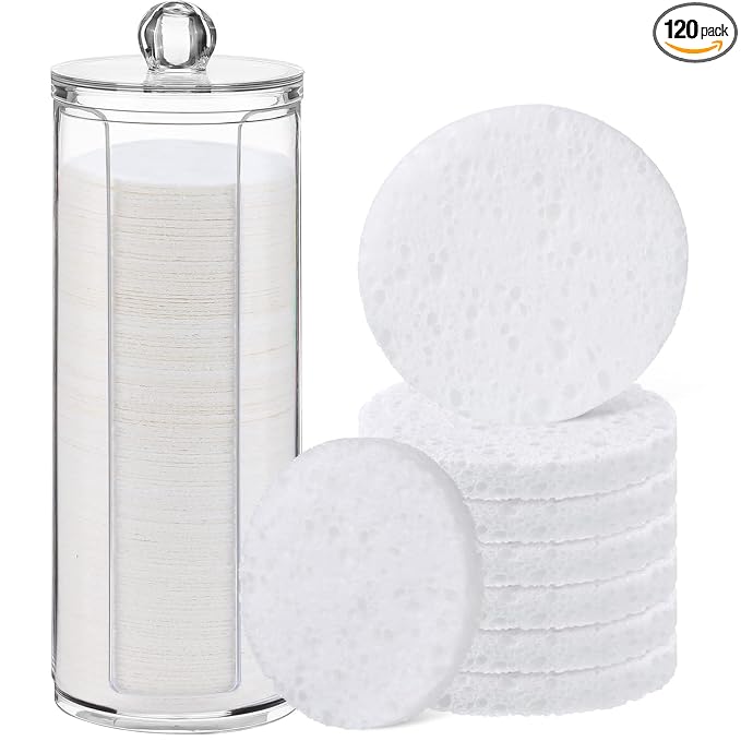 Sieral 120pcs Compressed Facial Sponges Disposable Natural Face Sponges Round Soft Pads with Container for Washing Face Cleansing Exfoliating Esthetician Makeup Removal Travel(White)