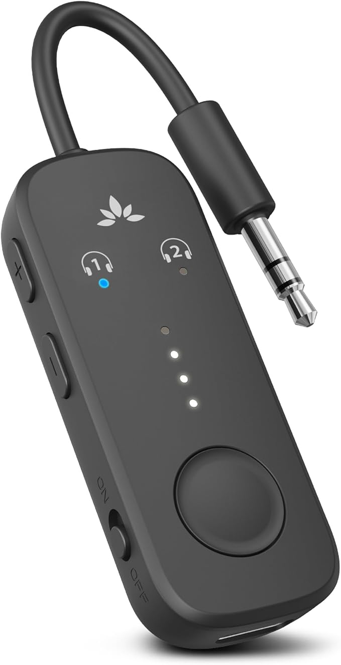 Avantree Relay – Airplane Bluetooth Adapter for AirPods, Bose & Wireless Headphones, Qualcomm Chip, aptX Adaptive & HD Audio Transmitter, 25Hrs Battery, 3.5mm AUX for Flight, Travel & Gym