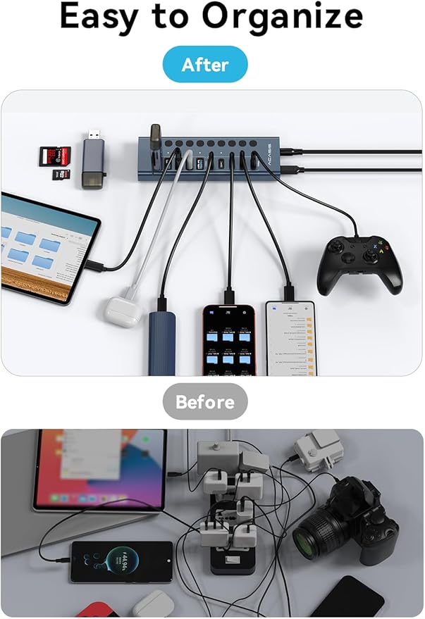 Powered USB 3.2 Hub, ACASIS 10 Ports USB 3.2 Hub(5 USB-A 3.2 Ports+5 USB-C 3.2 Ports), Aluminum USB Hub Powered with 48W Power Adapter, USB Hub for PC/Laptop, Computer, Flash Drive, Printer, Camera