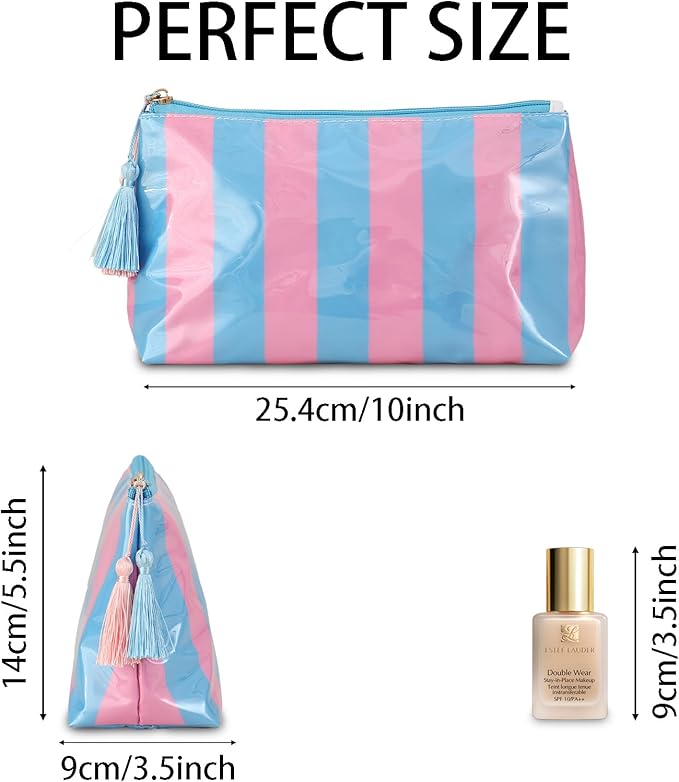 DYSHAYEN Makeup Bags for Purse,Small Clear Coated Cosmetic Bags for Women Girls, Waterproof Travel Organizer Zipper Pouch Beach Vacation Essentials (Blue-Pink)