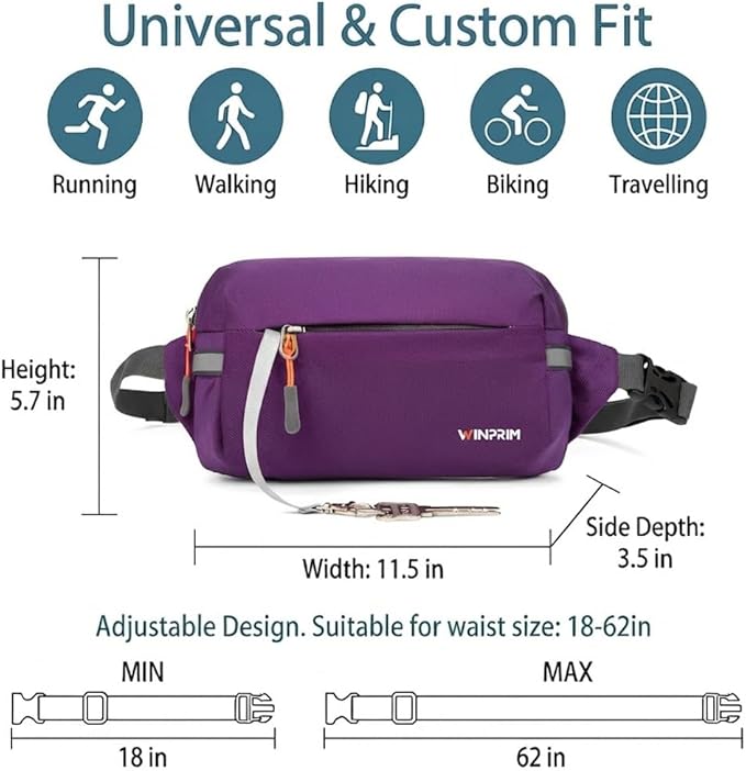 Fanny Pack for Men Women 2L Lightweight Waist Belt Hip Bag Slim Crossbody Adjustable Water Resistant Bum Belt Pouch for Travel Running Shopping Hiking Cycling Climbing EDC PURPLE