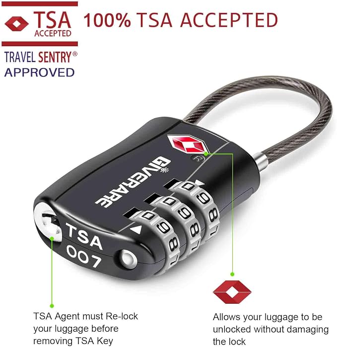 GIVERARE 4 Pack TSA Approved Luggage Locks, Combination Travel Cable Lock, Re-settable 3-Digit Padlocks with Alloy Body, Keyless TSA Padlock for Gym Locker, Golf Bag Case-Black